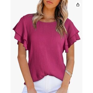 Women's Ruffle Short Sleeve Blouse Rose Cotton Gauze Casual Loose Fit Top Medium